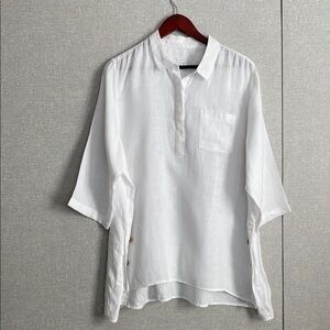 J Jill White Love Linen Casual 3/4 Button Down Shirt with Collar